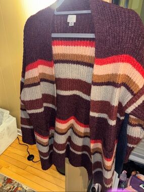 a new day Burgundy Striped Open-Front Cardigan with Multicolor Accents